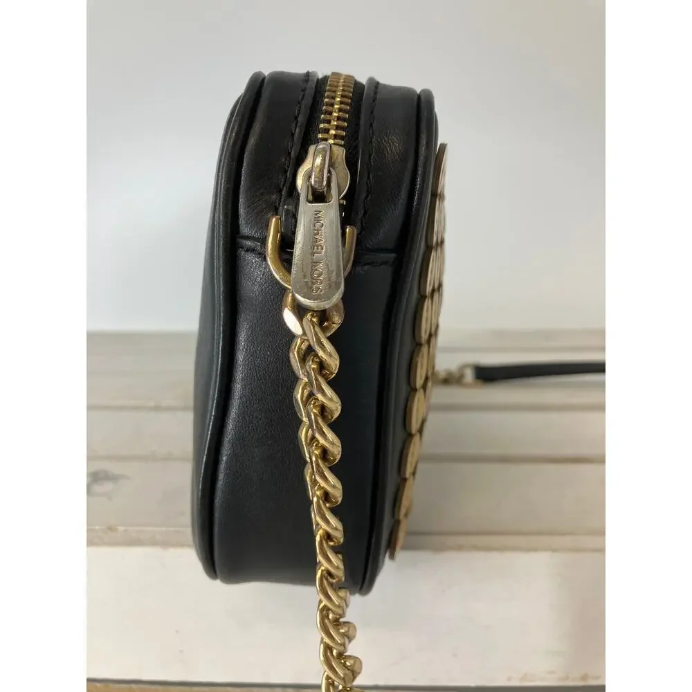 MICHAEL KORS SMALL BLACK, GOLD LEATHER CROSSBODY BAG (ASIS)